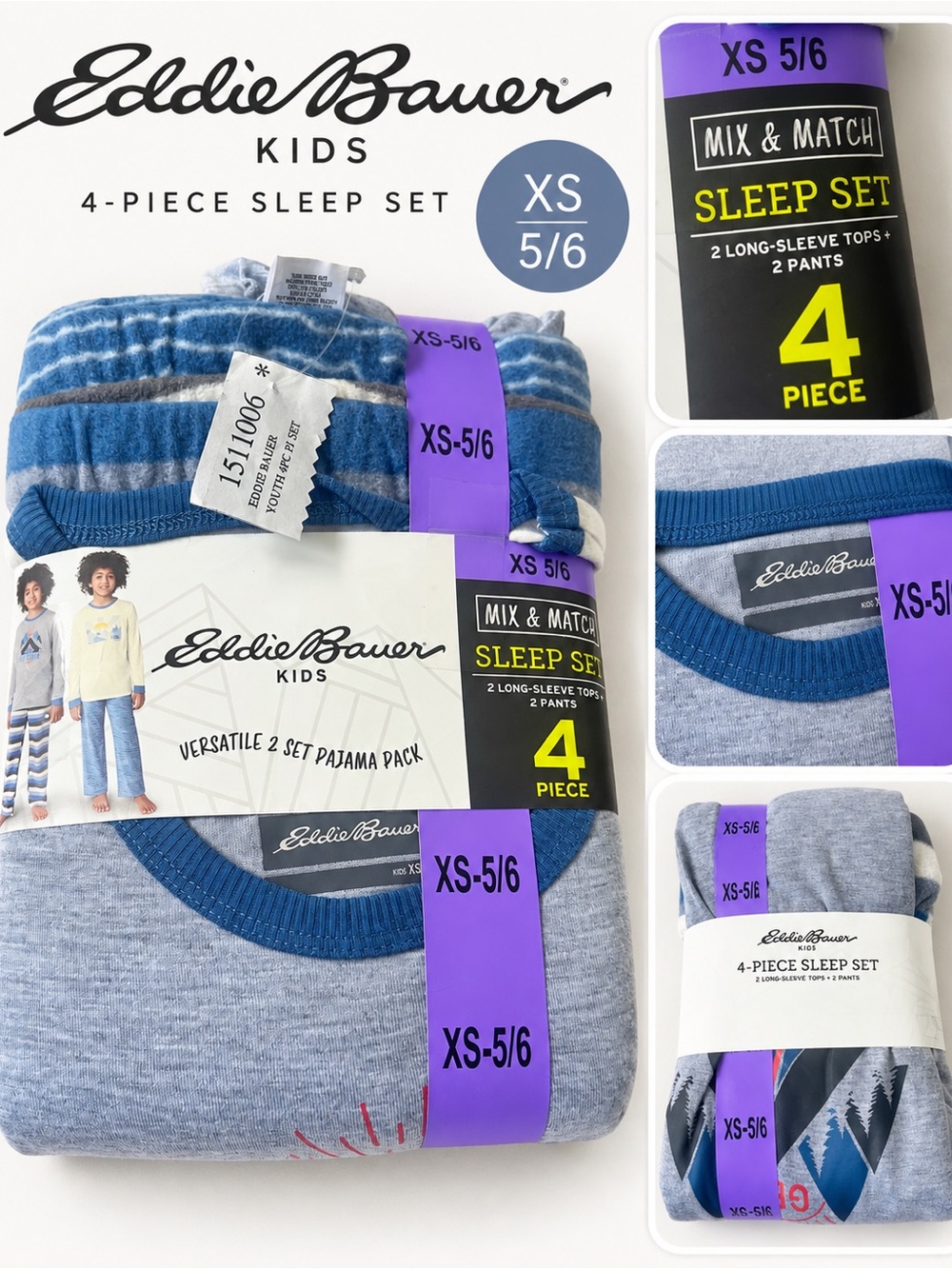 Eddie Bauer Kids Boys 4-Piece Pajama Sleep Set Size XS 5/6 NWT